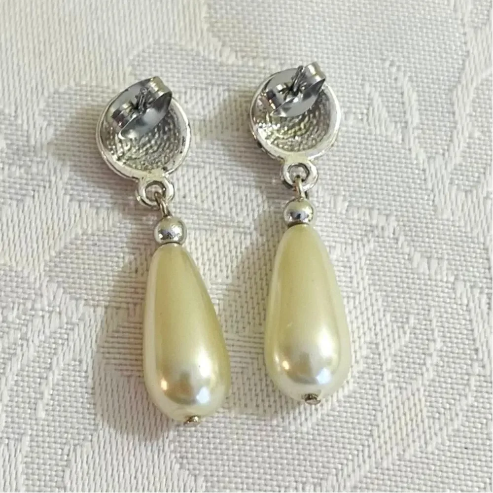 Vtg Rhinestone Faux Pearl Drop Dangling Earrings Bridal Formal Statement